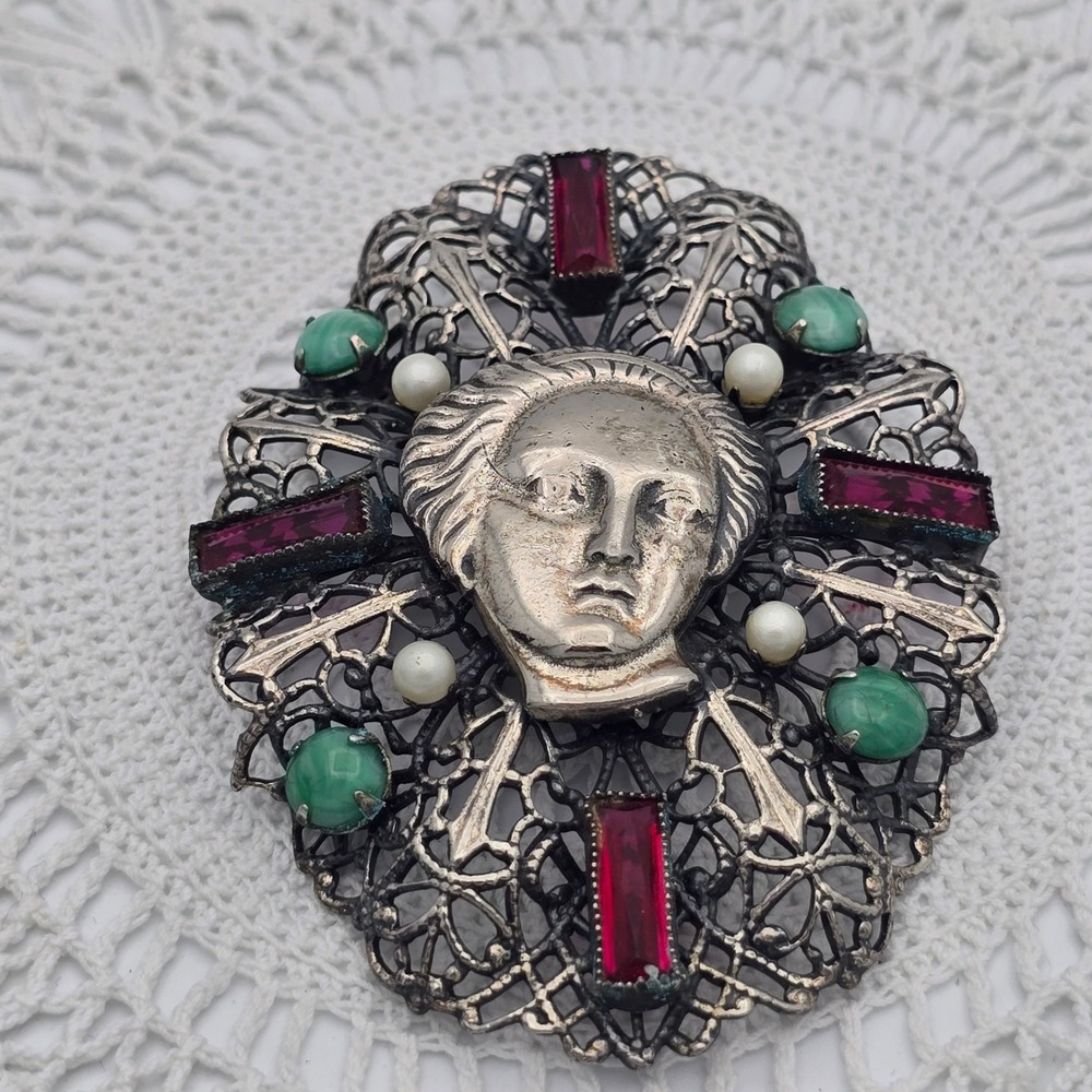 Art Deco Filigree Goddess Brooch Silver Tone Red Green Cabochon Faux Pearl
